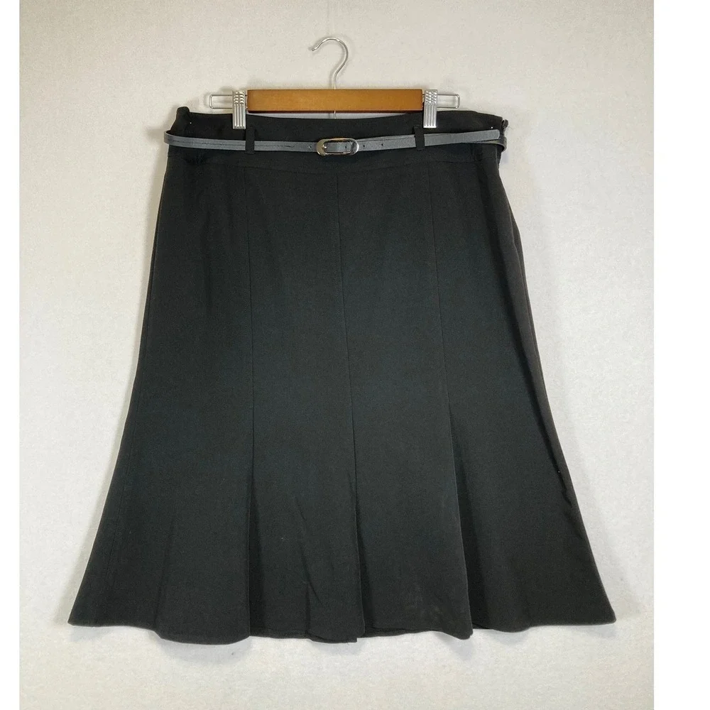 Classic Career Larry Levine Women 14 Black Belted‎ A-Line Midi Skirt 103715